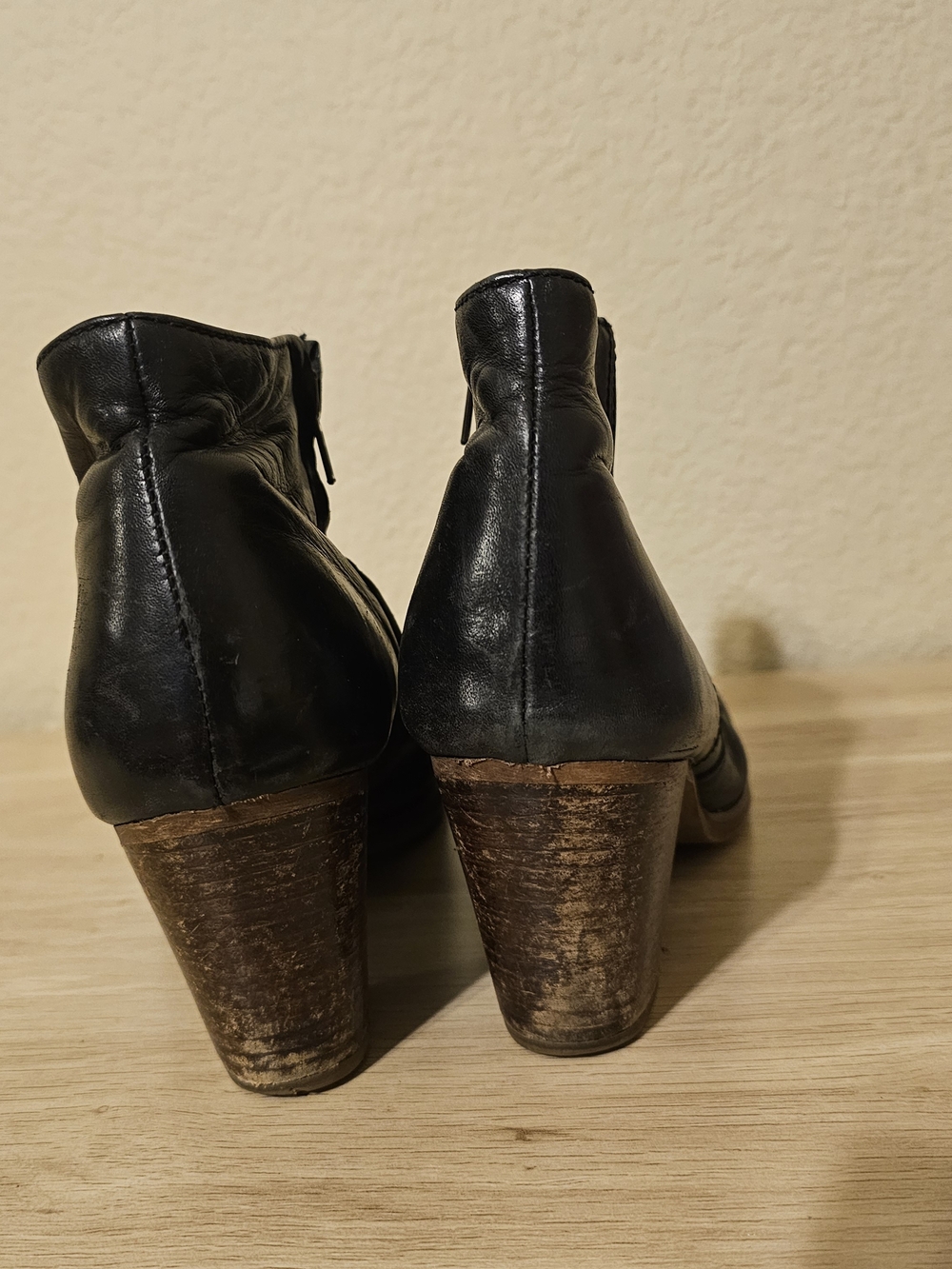 Madewell Black Leather Ankle Booties with Brown Stacked Heel - Picture 4 of 8